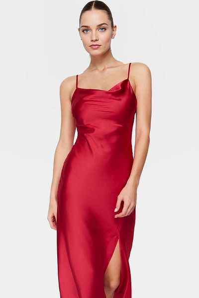 PayBuy Chic Women's Midi Evening Dress Satin Woven Plain Patterned Degaje Collar Comfortable Cut Quality Craftsmanship