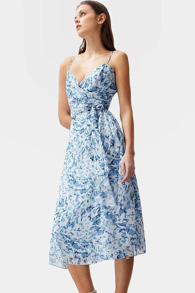 PayBuy Chiffon Lined Midi Dress V Neck a Line Patterned Summer Special Design Trend Stylish Appearance