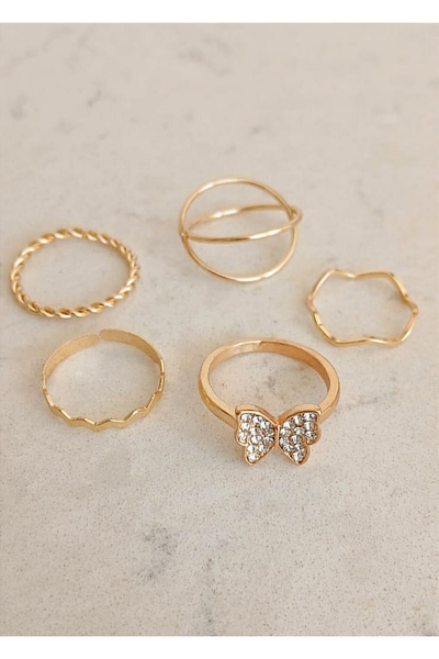TREND Set of 5 Gold Modern Rings - Stone Detailed Butterfly - Adjustable - Cartilage Ring