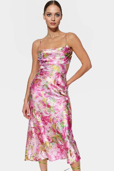 PayBuy Stylish Floral Pattern Midi Evening Dress Satin Woven Summer Prom Dress Casual Use