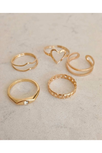TREND 5-Piece Gold Modern Ring Set - Heart & Stone - Adjustable Joint Ring