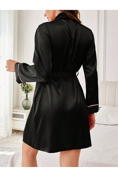 Jermo Women's Elegant and Stylish Short Satin Dressing Gown with Thin Interlayer Sleeves and Flap Details with Belt