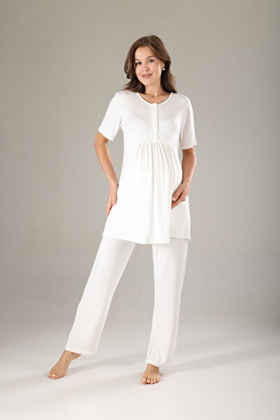 Rimel Homewear Chiffon Lace Detailed Maternity Pajama Set with Dress