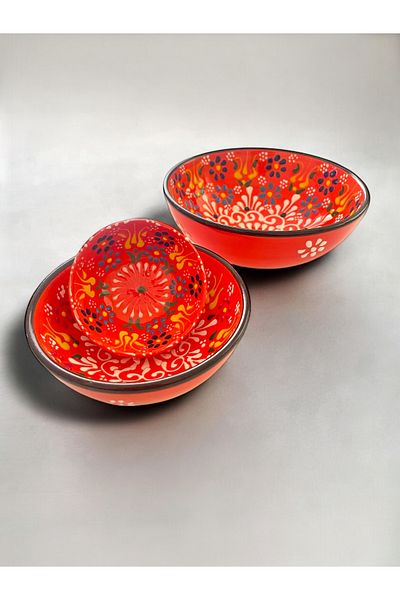 Artistic Quality Decorative 3 Pieces Orange Tulip Tile Designed Fully Handmade Snack Bowl-Sauce Bowl-Breakfast Bowl