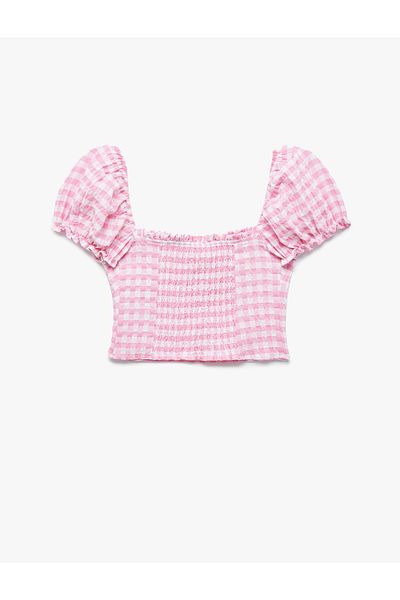 Koton New Season Balloon Sleeve Ruffled Collar Gipeli Gingham Crop Blouse