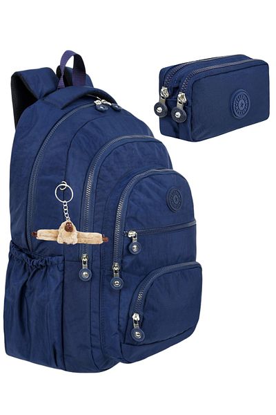 Çantaland Set of 2 Luxury Crinkle Fabric High School and Middle School Backpack + Pen Holder, Monkey Keychain Gift