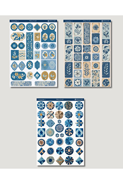 MirayDesign 6'lı Mavi Vintage Temalı Sticker Seti–12x17 cm|Bullet Journal, Scrapbook, Ajanda ve Planlayıcı İçin