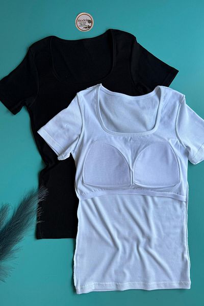 VicTroy Bratique 2-Piece Short Sleeve |   Modal Camisole Fabric Black and White Square Collar Women's Blouse