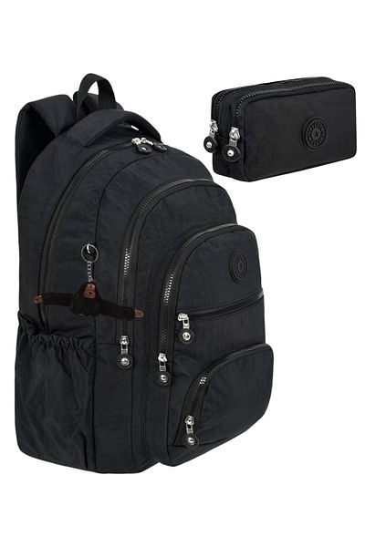 Çantaland Set of 2 Luxury Crinkle Fabric High School and Middle School Backpack + Pen Holder, Monkey Keychain Gift