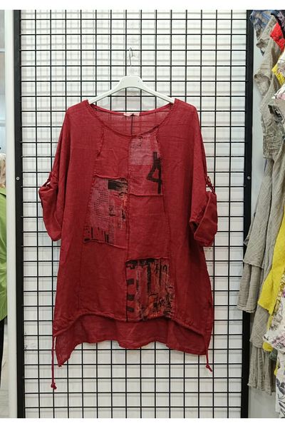 Butik Şans Patch Detailed Crew Neck Oversize Italian Linen Blouse
