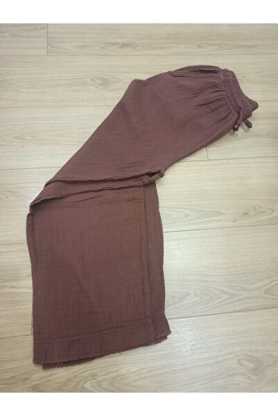 Palal Summer Lightweight Muslin Fabric Brown Women's Pants - Pockets and Elastic Waist
