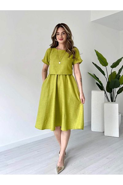 Afiş Butik Oil Green Pocketed Viscose Stretch Midi Dress