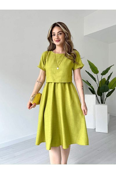 Afiş Butik Oil Green Pocketed Viscose Stretch Midi Dress