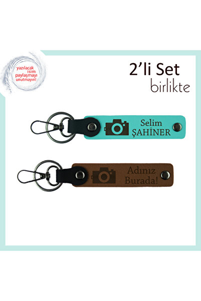 Asortishey İsme Özel 2’li Anahtarlık Takımı, Turkuaz-Açık Kahve, Lensin İçind...