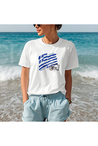 Crea Eymer Wear تي شيرت قطني مطبوع عليه علم اليونان برقبة دائرية باللون الأبيض