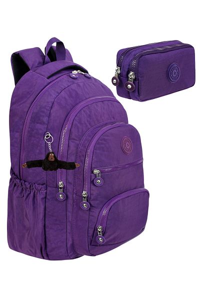 Çantaland Set of 2 Luxury Crinkle Fabric High School and Middle School Backpack + Pen Holder, Monkey Keychain Gift