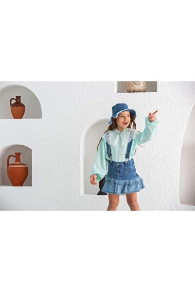 Marka Sensin Kids Girls' white lace collar colorful blouse ruffled jeans salopet skirt hat 3-piece set