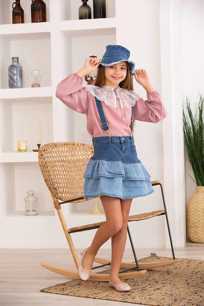 Marka Sensin Kids Girls' white lace collar colorful blouse ruffled jeans salopet skirt hat 3-piece set