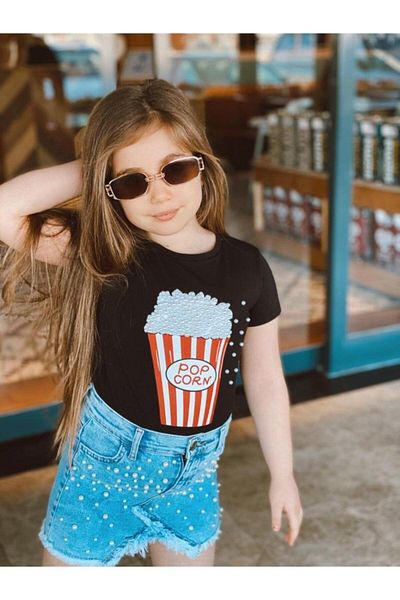 Marka Sensin Kids Girl's Pop Corn Printed Blouse Denim Skirt Double Set