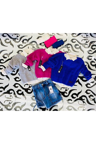 Marka Sensin Kids Girl's O-Neck Knitwear Sweater Cream Shirt Pocket Detailed Denim Skirt 3-Piece Set