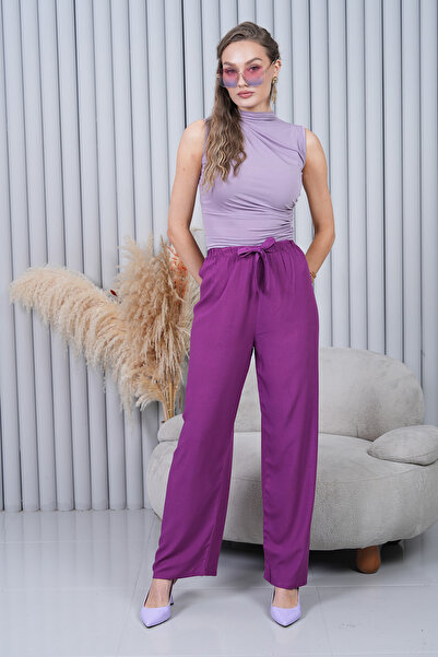 Polologin Butik Purple Tie Waist Wide Leg Trousers