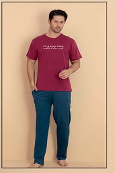 PİJAMERRY Pijamerry Men's Crew Neck Short Sleeve Combed Cotton Pajama Set 6320 - 1 Piece