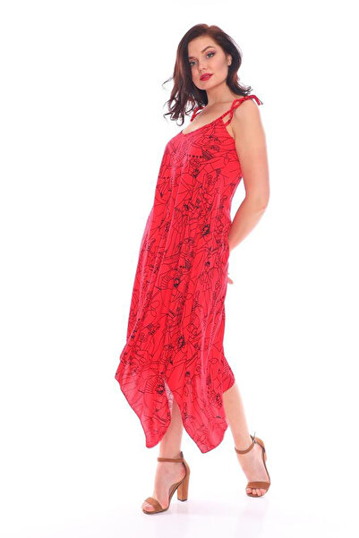 Polologin Butik Red Tie-Dye Patterned Summer Dress with Rope Strap