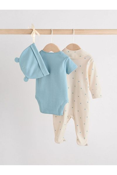 Next Baby 100% Cotton Blue Jumpsuit Bodysuit Bib Hat 4 Piece Set
