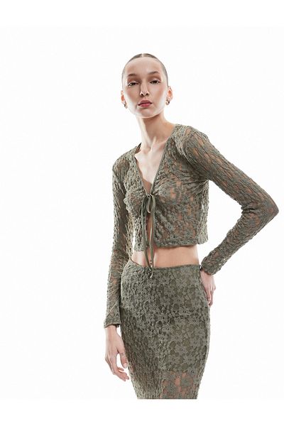Koton New Season Lace Detailed Long Sleeve Lace up Cardigan