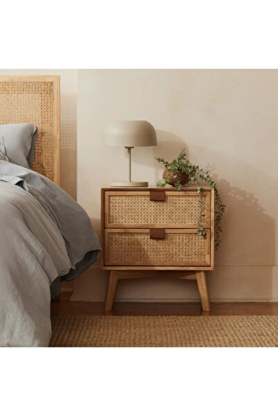 WoodenDecoration01 Doğal Hasır Detaylı Ahşap Komodin – 2 Çekmeceli