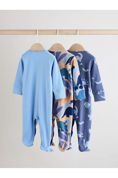 Next Baby 100% Cotton Blue Navy Dinosaur Patterned 3-Piece Sleepsuit Set