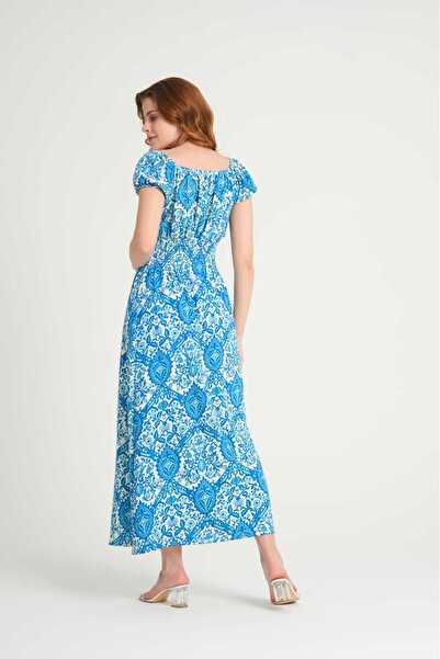 Genel Markalar Elbise - FM061 Model Mavi Baskılı Belden Oturmalı Uzun Elbise.