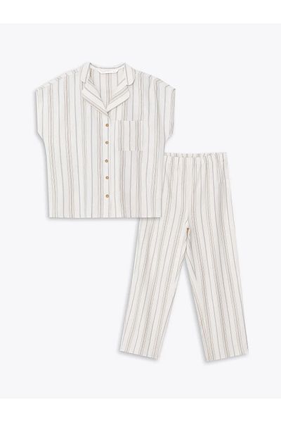 LC Waikiki Shirt Collar Print Short Sleeve Linen Blended Women's Pajamas Set