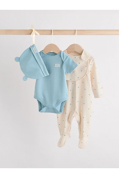 Next Baby 100% Cotton Blue Jumpsuit Bodysuit Bib Hat 4 Piece Set