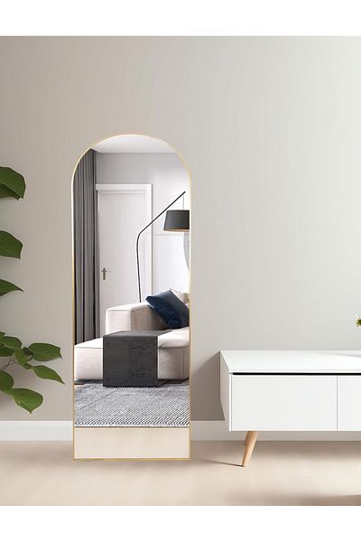 Living Rectangular Standing Mirror with Arched Top and Gold Frame,160*50 cm