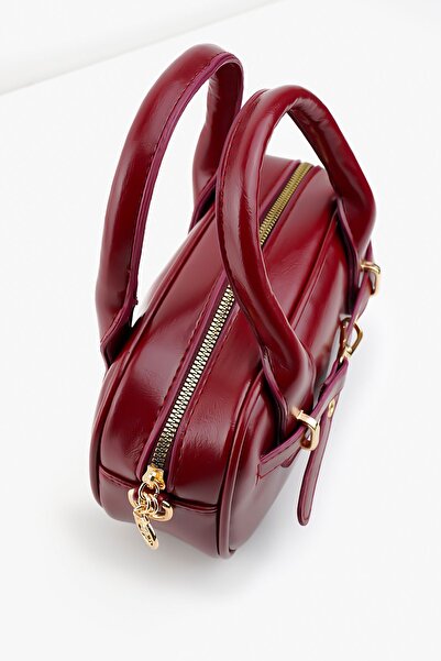 Cochines Women's Bag Burgundy Patent Leather Handbag and Shoulder Bag with Belt Detail