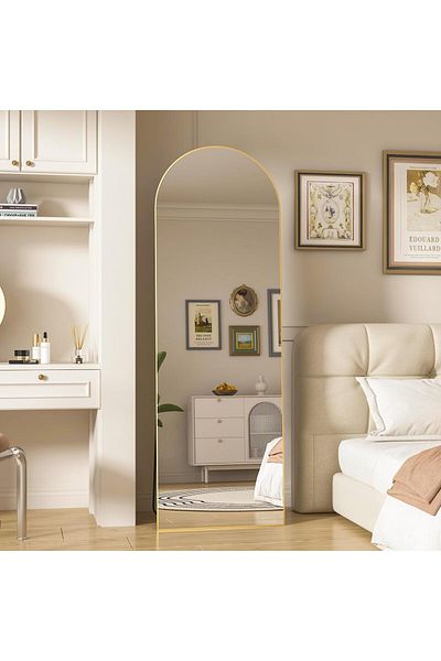 Living Rectangular Standing Mirror with Arched Top and Gold Frame, 155*45 cm