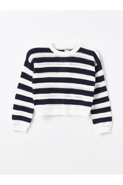 LC Waikiki New Season Crew Neck Striped Girl's Crop Knitwear Sweater