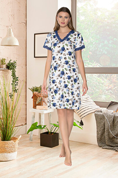 SASİ Kadın Çiçekli Desen Viskon Kısa Kollu Gecelik