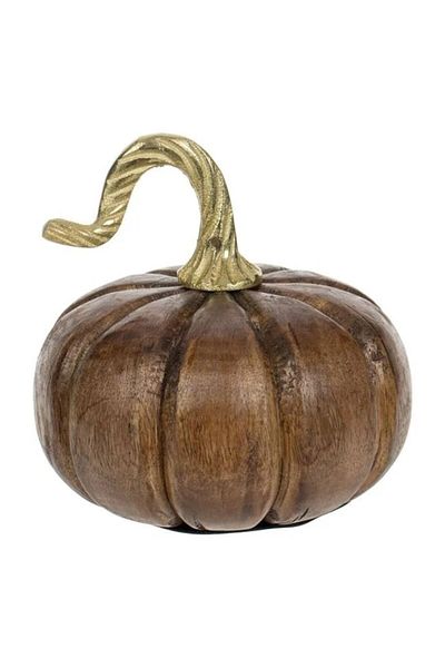 BREZIUM Wooden decorative pumpkin, BREZIUM, golden stem, 14x15cm, Brown