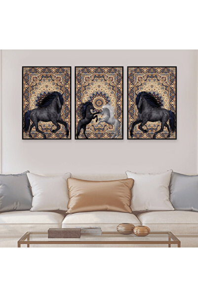 SND ثلاث لوحات قماشية بتصميم حصان مع برواز أسود مجوف