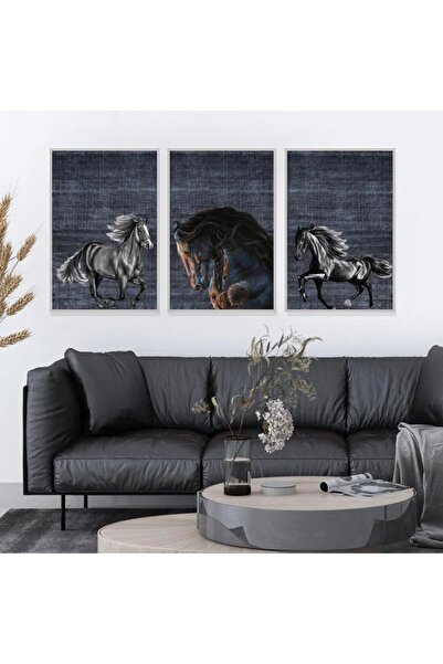 SND ثلاث لوحات قماشية بتصميم حصان مع برواز فضي مجوف