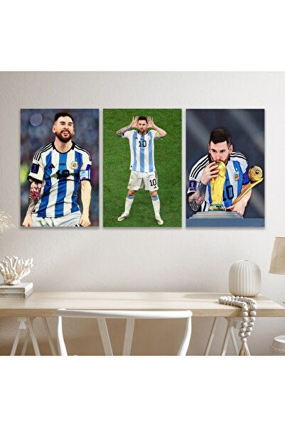 4gdran ثلاث لوحات قماشية ليونيل ميسي بطل العالم 2022 مع برواز خشبي مخفي