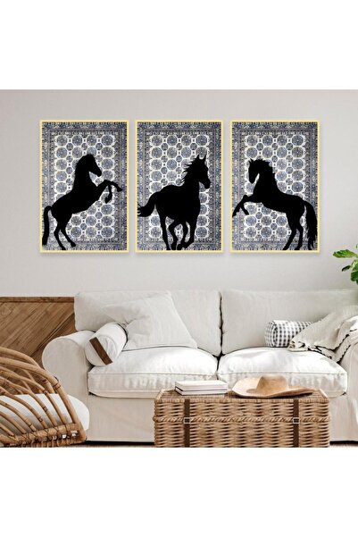 SND ثلاث لوحات قماشية بتصميم حصان مع برواز ذهبي مجوف