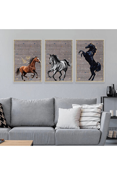 4gdran ثلاث لوحات قماشية بتصميم حصان مع برواز فضي مجوف