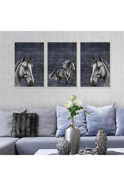 4gdran Three horse canvas paintings with a hollow silver frame