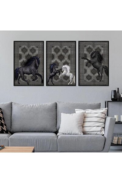 4gdran ثلاث لوحات قماشية بتصميم حصان مع برواز أسود مجوف