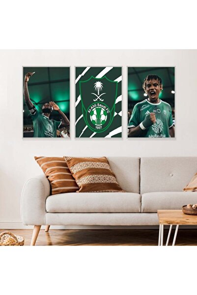 SND ثلاث لوحات قماشية بتصميم رياضي لنادي الأهلي مع برواز فضي مجوف