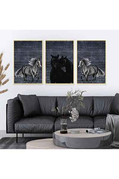 4gdran ثلاث لوحات قماشية بتصميم حصان مع برواز ذهبي مجوف