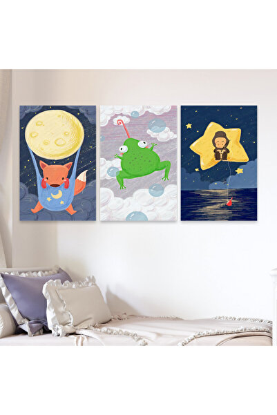 SND ثلاث لوحات قماشية مودرن لغرف الأطفال مع برواز ذهبي مجوف